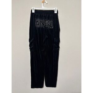 Y2K Velour Cargo‎ Rhinestoned Angel Butt Black Sweatpants Women's XS